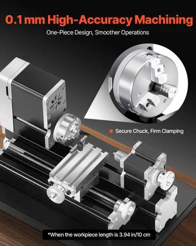 Vista 4 de VEVOR - Mini torno de metal didáctico, 7 x 13 cm, torno de metal de 36 W, velocidad de 20,000 RPM, con portabrocas de 3 mandíbulas, rueda manual
