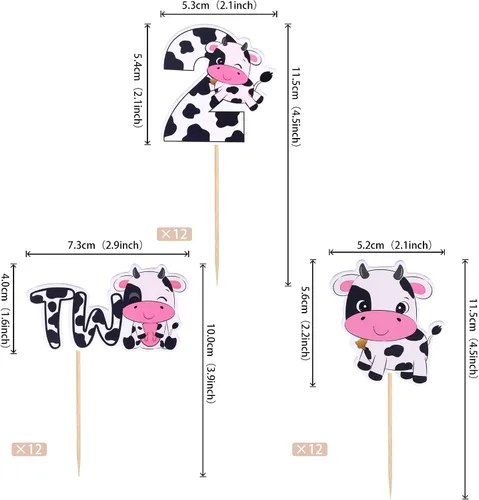 Vista 2 de Rsstarxi Paquete de 36 adornos para cupcakes con diseño de vaca, dos decoraciones para cupcakes de animales de granja con zoom de 2º cumpleaños
