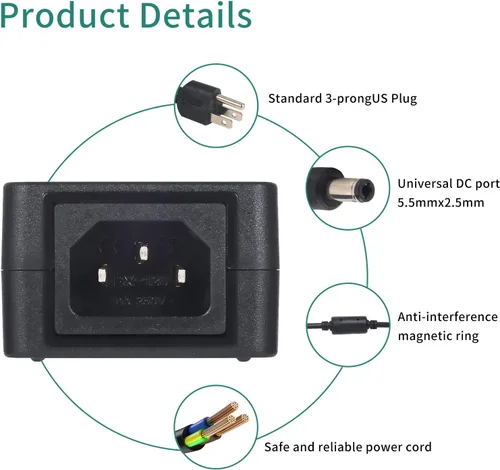 Vista 5 de Fuente de alimentación de 12V 5A 5Amp 60W Adaptador universal AC/DC, 100 ~ 240V CA a CC 12 voltios 5A 4A 3A 2A 1A Convertidor, punta 5.5X 0.098 in