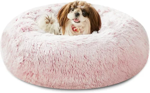 Vista 14 de Cama calmante para perros y gatos, cama antiansiedad, de felpa, con forma de dona, redonda, acolchada, de piel sintética, suave y esponjosa