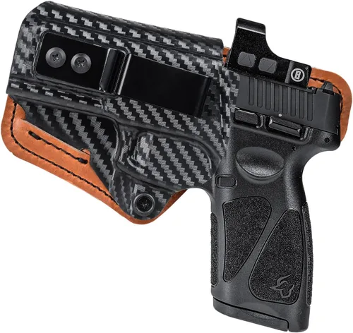 Vista 6 de Funda Taurus G3C con respaldo de almohadilla de espuma, IWB Optics Cut Kydex y funda híbrida de cuero para llevar el apéndice