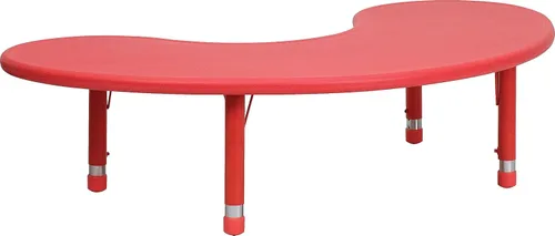 Vista 2 de Mesa de plástico con forma de medialuna de 35" de ancho x 65" de largo para actividades, Tela, Azul