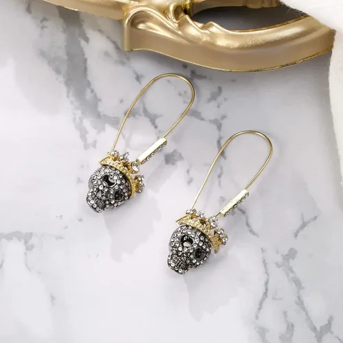 Vista 5 de BriLove Disfraz de Halloween, esqueleto gótico, corona de calavera espeluznante, aretes colgantes con diamantes de imitación para cosplay, fiesta
