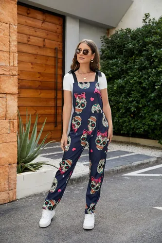 Vista 34 de PAODIKUAI Overol casual con estampado de calavera para mujer, overol suelto con bolsillos