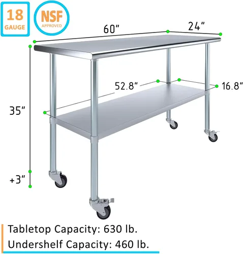 Vista 5 de Mesa de trabajo comercial de acero inoxidable con estante inferior y ruedas (24x60)