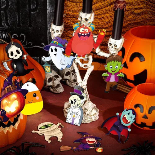 Vista 2 de Gerrii 40 adornos de Halloween de madera para decoración de árbol de Halloween, calabaza, fantasma, bruja, esqueleto, mini adornos colgantes