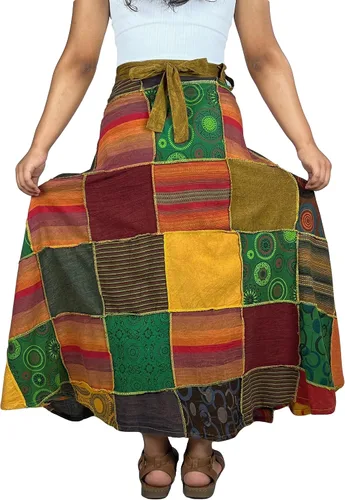 Vista 3 de Agan Traders Falda larga para mujer, estilo gitano, estilo hippie, parches, cintura alta, teñido anudado, talla grande, S - 2X