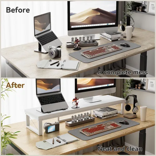 Vista 6 de IBUYKE Soporte elevador grande para monitor doble para 2 monitores, soporte de madera para monitor de computadora de escritorio, estante de Blanco