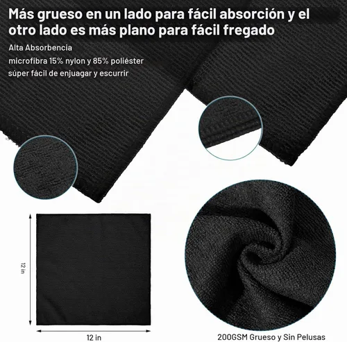 Vista 2 de Macarrie 200 paños de limpieza de microfibra, 12 x 12 pulgadas, 200 GSM Negro