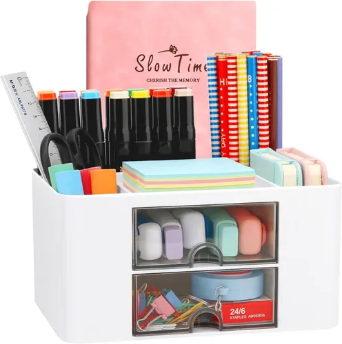 Vista 8 de Organizador de escritorio creativo y simple, 7 rejillas, organizador de mesa de plástico con cajón, organizador de escritorio multifuncional, Azul