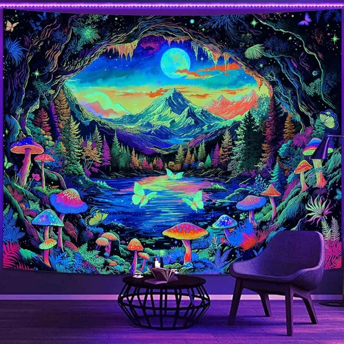 Vista 17 de Zussun Tapiz de hongo rojo, tapices de luna y estrella para dormitorio, estética de color beige, noche estrellada, planta verde, tapiz de pared