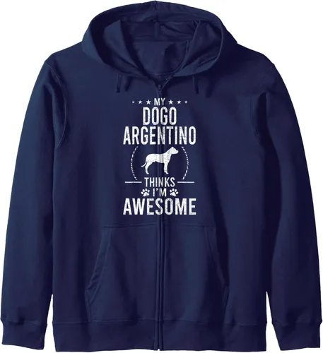 Vista 6 de My Dogo Argentino Thinks I'm Awesome Dog Lover Sudadera con capucha y cremallera, Negro