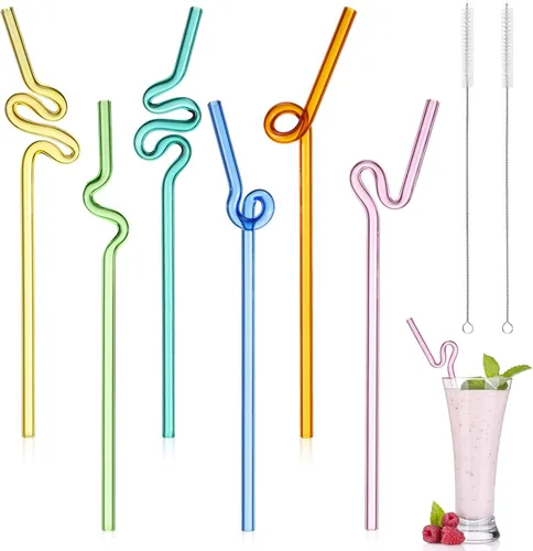 Vista 7 de Yinkin 6 popotes de vidrio ondulado, reutilizables, curvos, tontos, resistentes a los golpes con 2 cepillos de limpieza, popotes de vidrio
