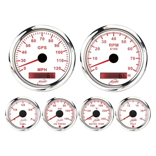 Vista 9 de RACETECH Juego de 6 Instrumentos – Velocímetro GPS de 85mm 200 Km/h & Tacómetro 8000 RPM – Medidores de 52mm de Combustible, Aceite, Temperatura