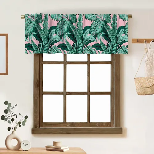Vista 25 de Cortina de cenefa de hojas verdes tropicales, diseño de hojas de palmera, cenefa con bolsillo para barra, 1 panel, cortinas cortas para cocina