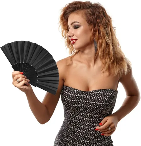 Vista 4 de Minelife 10 abanicos de mano plegables pequeños, estilo chino, japonés, ventilador de mano de verano, abanicos de tela vintage negros para fiestas