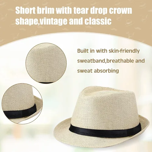 Vista 3 de Paquete de 8 sombreros de paja Panama Trilby Fedora con cinturón de cuero, sombreros de paja de ala corta, sombrero de playa de verano para hombres