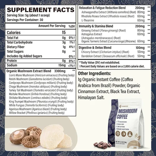 Vista 2 de Café de hongos, 11 hongos superalimentos que incluyen melena de león, reishi, chaga y ashwagandha, café de hongos instantáneo orgánico para energía