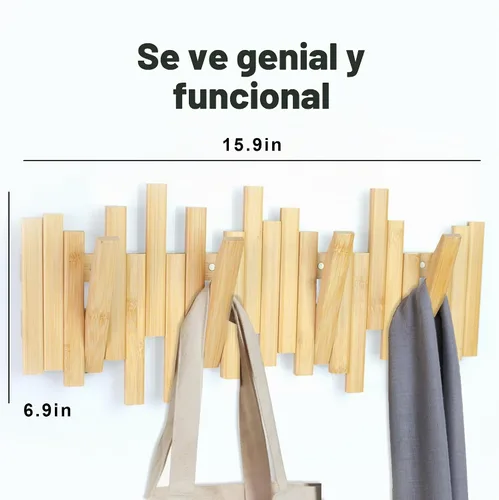 Vista 4 de MinBoo Perchero de bambú con múltiples ganchos, moderno, único, que ahorra espacio con 4 ganchos abatibles para colgar abrigos, decoraciones