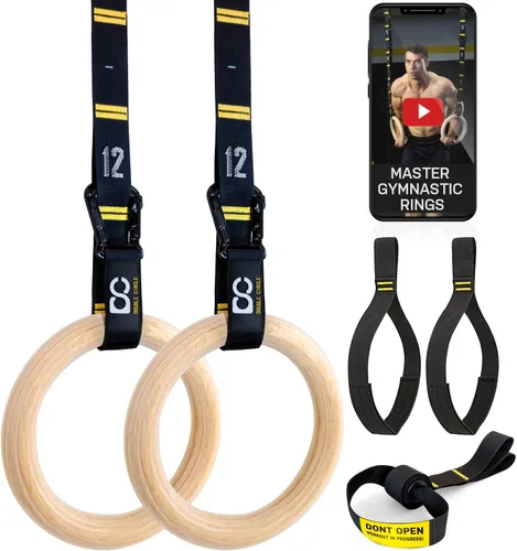 Vista 8 de Anillos de gimnasia de madera Double Circle con correas numeradas de ajuste rápido y guía de videos de ejercicios - Anillos de entrenamiento