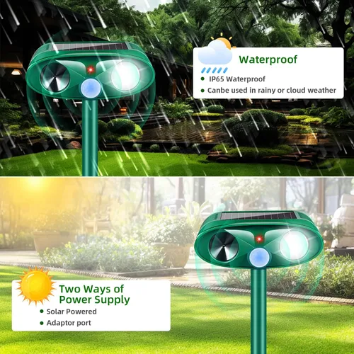 Vista 6 de Repelente solar ultrasónico de animales, repelente de animales activado por movimiento al aire libre, repelente de ciervos y gatos, IP65