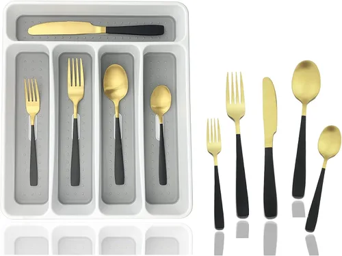 Vista 17 de JASHII - Juego de cubiertos con bandeja, 20 piezas de acero inoxidable cuadrado cubiertos servicio para 4, acabado mate, utensilios de alimentación