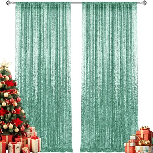 Vista 120 de 2 paneles de cortinas de fondo de lentejuelas verdes de 8 pies, cortinas de fondo de fotografía con purpurina para decoración de Navidad, boda