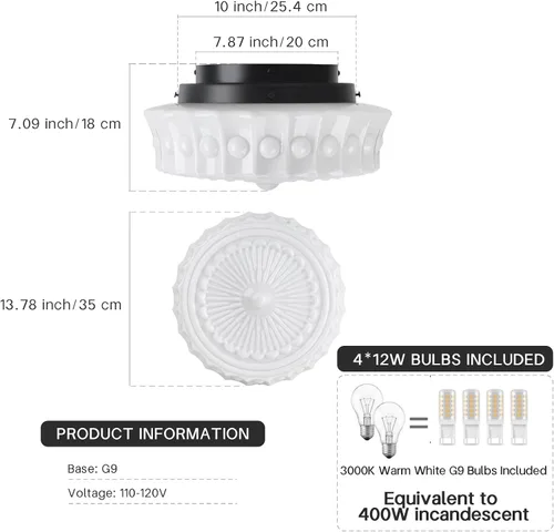 Vista 4 de Lámpara de techo de vidrio de leche blanca, iluminación de montaje al ras de 13.8 pulgadas para dormitorio, pasillo, cocina y comedor, diseño