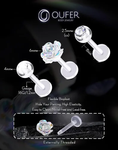 Vista 4 de OUFER 3 piezas de joyería de hélice de plástico para perforación, retenedor de labio transparente para cirugía, lindos anillos de labio con flores