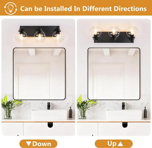 Vista 5 de LmnLvn Lámparas de baño, 3 luces de tocador de color negro mate, modernas lámparas de baño sobre espejo, luces de tocador de granja con pantalla