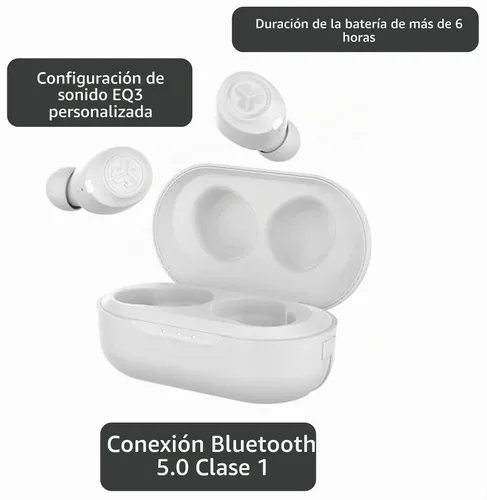 Vista 3 de JLab JBuds Air True Auriculares inalámbricos Bluetooth + funda de carga, blanco, resistencia al sudor IP55, conexión Bluetooth 5.0, firma de 3