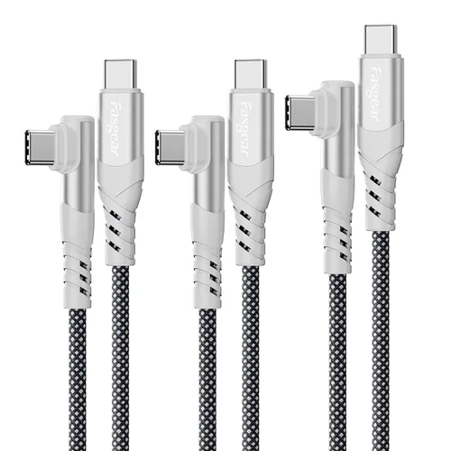 Vista 8 de Fasgear Cable USB C a USB C de 100 W – Paquete de 2 cables USB 2.0 tipo C a tipo C PD de 3 pies de carga rápida 5A en ángulo recto compatible