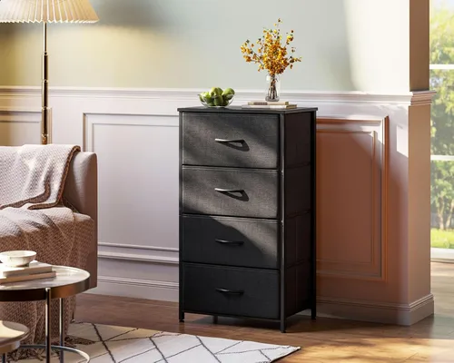 Vista 2 de AODK - Cómoda para dormitorio con 4 cajones de almacenamiento, cómoda pequeña de tela con marco de acero resistente, color negro Cómoda de tela