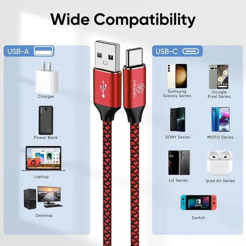 Vista 6 de Cable USB tipo C, paquete de 5 cables USB A a tipo C de 10 pies de largo de carga rápida tipo C, cargador de teléfono para Samsung Galaxy S10 S9 S8