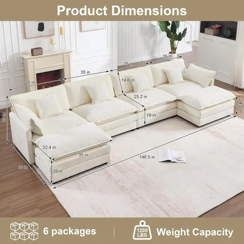 Vista 2 de KIVENJAJA - Sofá modular en forma de U extragrande tipo nube, chenilla moderna de 4 plazas con asiento profundo para sala de estar y oficina, con 2