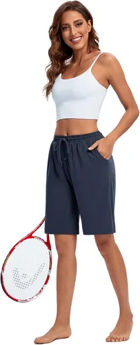 Vista 4 de ASIMOON - Bermudas para mujer, pantalones cortos de gimnasio, pantalones cortos deportivos sueltos, pantalones cortos de yoga largos, pantalones