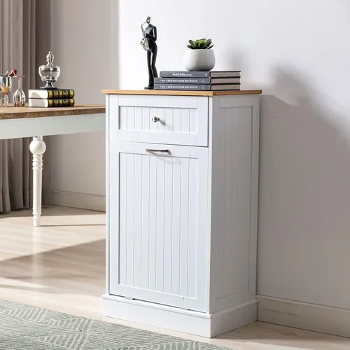 Vista 10 de Gitua - Gabinete de basura basculante independiente, gabinete de cocina a prueba de mascotas con cesta de lavandería y tabla de cortar, estación