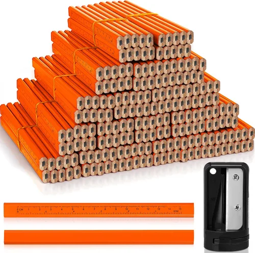 Vista 9 de Honoson 200 lápices planos de construcción con regla impresa, madera grafito, 2 sacapuntas de carpintero para herramienta de marcado de carpintería