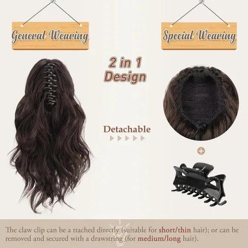 Vista 4 de BARSDAR Extensiones de cola de caballo con clip de garra, extensiones de cabello corto ondulado negro de 14 pulgadas para mujer, extensiones
