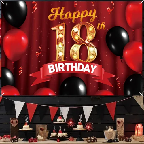 Vista 6 de Cartel rojo de feliz cumpleaños 18 años, telón de fondo dorado con globos rojos y negros, decoración temática para niñas y mujeres, princesa de 18