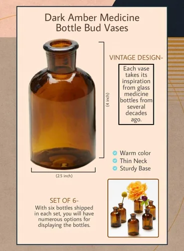 Vista 6 de Serene Spaces Living Jarrones de botella medicinal de ámbar oscuro, frascos de boticario, botellas de vidrio decorativas, centro de mesa
