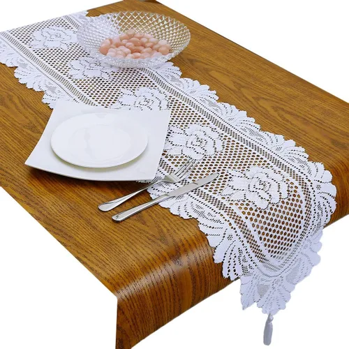 Vista 10 de rockcloud Camino de mesa de encaje para decoración de banquetes de boda, decoración de mesa de fiesta de Navidad, blanco, 13 x 70 pulgadas White E