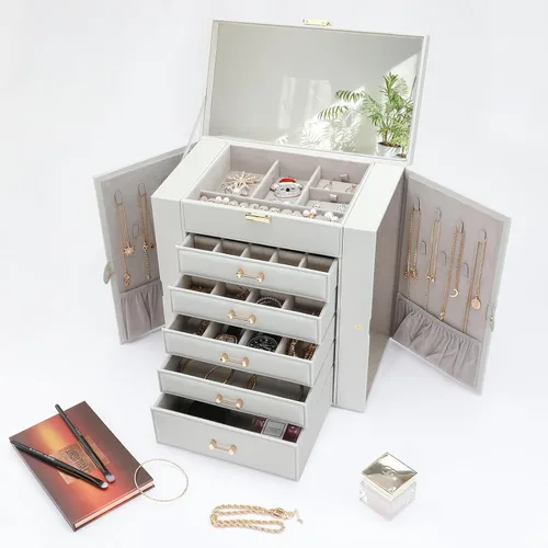 Vista 5 de V-LAFUYLIFE Joyero grande, organizador de joyas con 5 cajones, cajas de joyería de 6 niveles, organizador de joyas con espejo, cajas de joyería