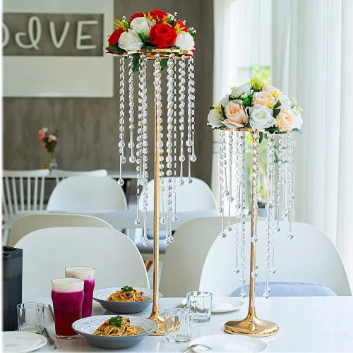 Vista 3 de Centros de mesa de boda dorados de 29.5 pulgadas para mesa, 2 jarrones altos, centros de mesa de boda con cuentas de cristal brillantes, soporte