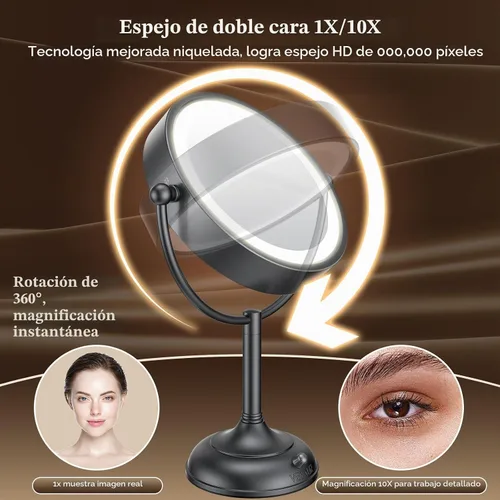 Vista 2 de VESAUR Espejo de Maquillaje Profesional Iluminado de 8.5", 1X/10X de Doble Cara HD Sin Distorsión, Espejo de Aumento con Luces LED Regulables en 3