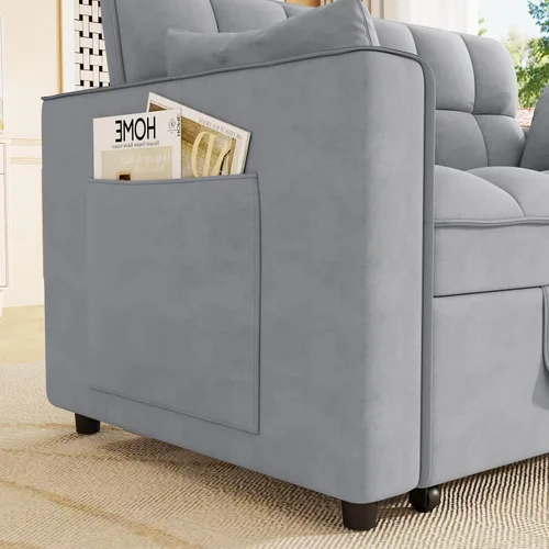 Vista 7 de Aoowow Sofá cama convertible 3 en 1, sofá cama extraíble con respaldo ajustable, sofá biplaza pequeño de terciopelo con bolsillos de almacenamiento