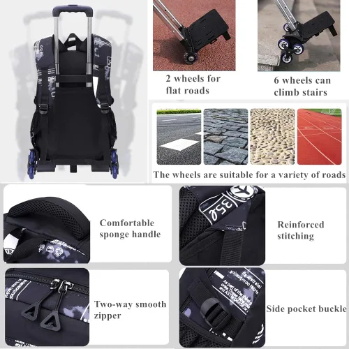 Vista 5 de Mildame Mochila con ruedas para niños, mochila escolar con ruedas, Graffiti blanco y negro 2 ruedas