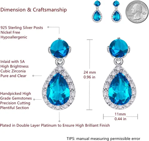 Vista 4 de VONSSY Aretes colgantes de gota Aretes hipoalergénicos de circonita cúbica chapados en oro blanco con piedras preciosas en forma de gota de agua