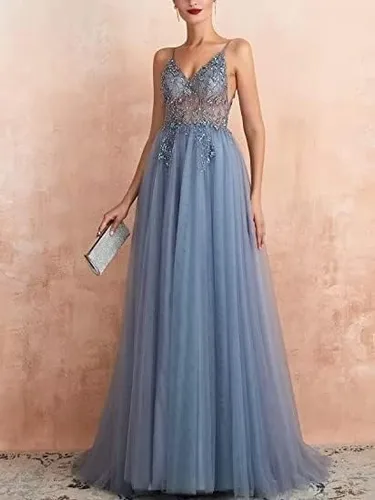 Vista 5 de Elegante vestido de encaje largo con cuello en V adecuado para todas las ocasiones, fiesta de graduación, cóctel, fiesta, vestido de noche formal