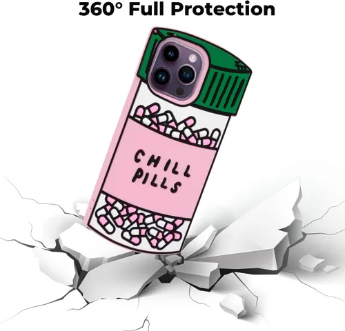 Vista 5 de Dumkery Funda para iPhone 13 Pro Max con pastillas para enfriar, iPhone 14 Pro Max, botella de cápsula para iPhone 15 Pro Max 3D de dibujos animados